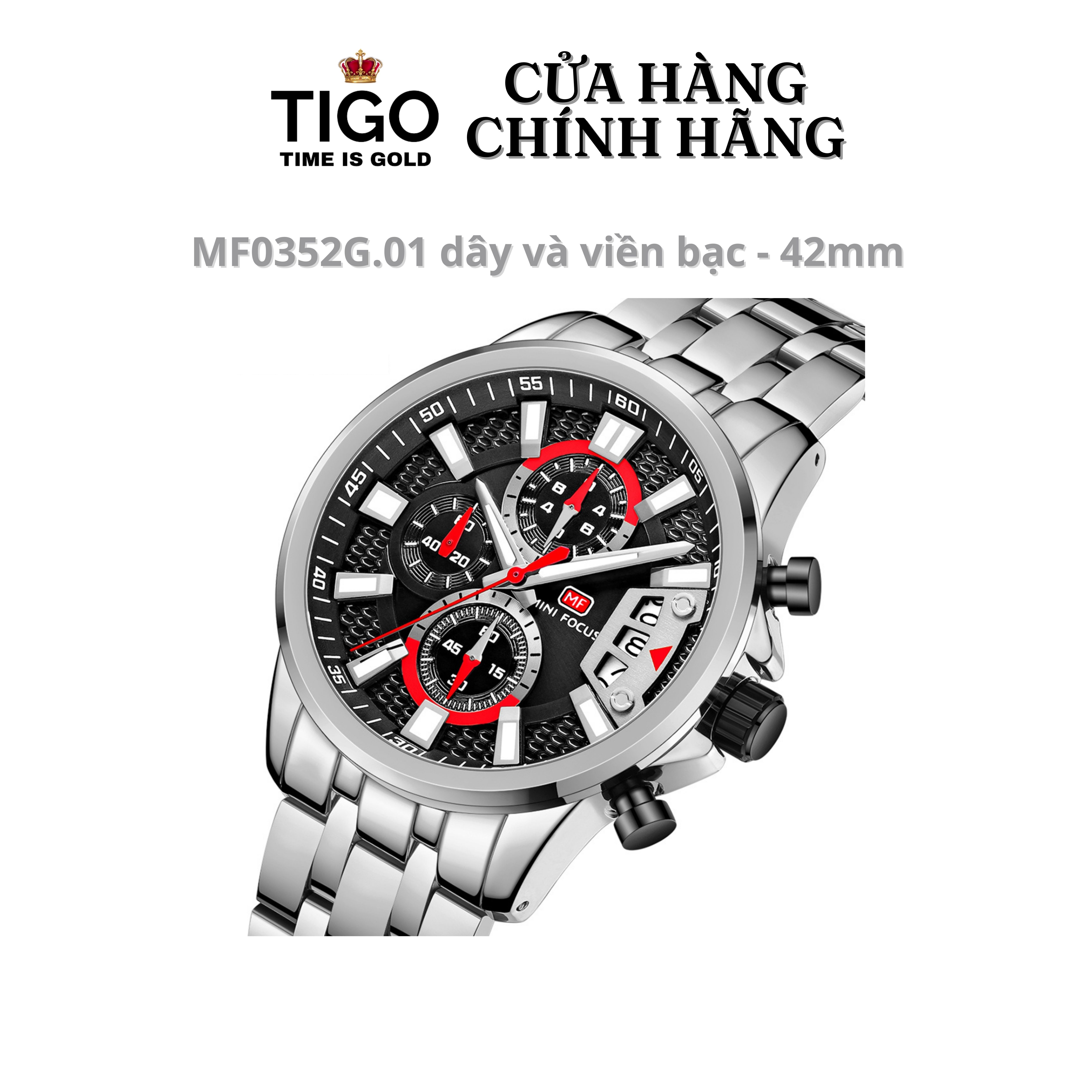 Đồng Hồ Nam MINI FOCUS MF0352G .01 Dây Thép Bạc Viền Bạc Thép Không Gỉ Cao Cấp Mặt Tròn Đường Kính 42mm Chống Nước