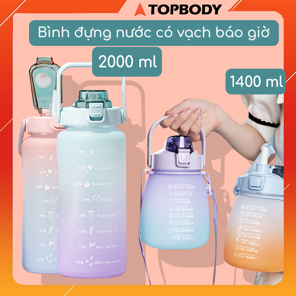 Bình Nước, Bình Đựng Nước 2 Lít Cute Chính Hãng Topbody Có Vạch Báo Giờ Uống Nước  -  T1 -BNGYM04