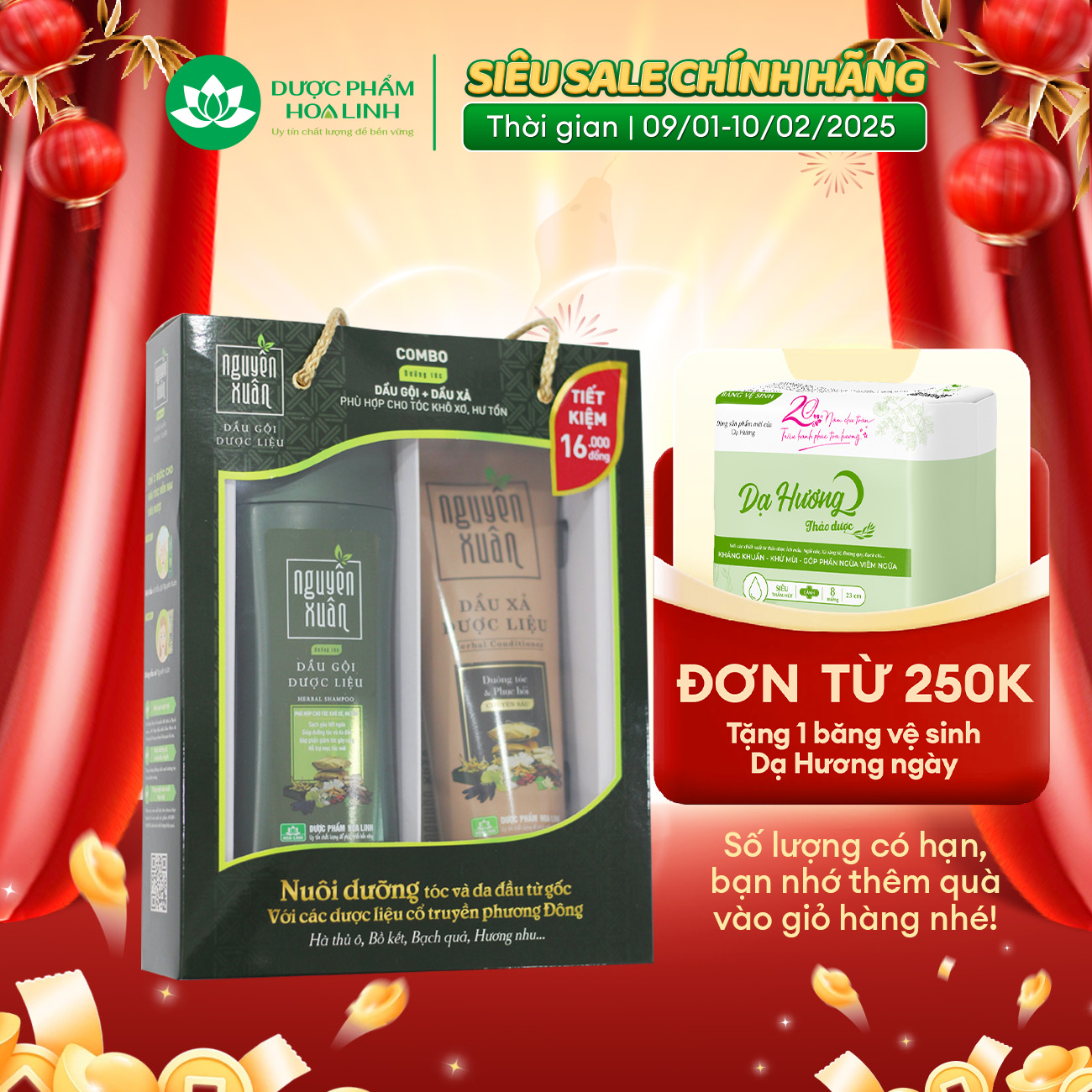 Combo Dầu gội 200ml và Dầu xả 150ml Nguyên Xuân Xanh dưỡng tóc chuyên sâu