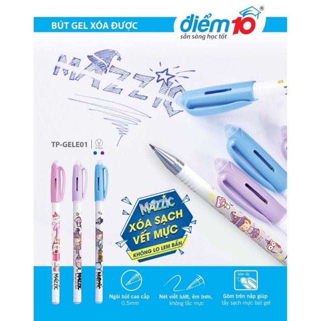 Bút gel xóa được thiên long tp-gele01 - mực tím/xanh - hộp20 cây