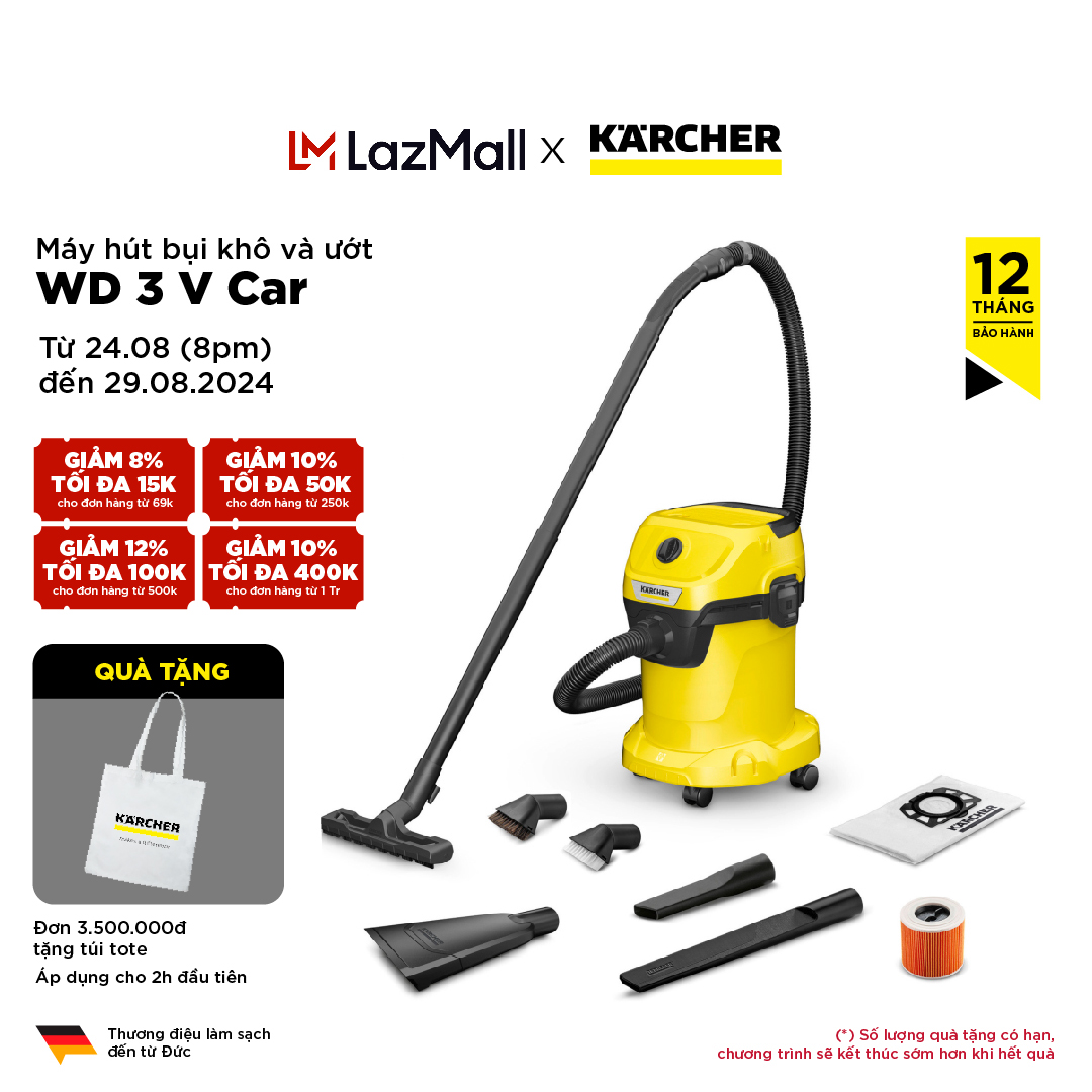 Máy hút thổi bụi khô và ướt KARCHER  WD 3 V Car, tích hợp chức năng thổi gió, hút nước,dung tích 17 lít - Bảo hành 15 tháng