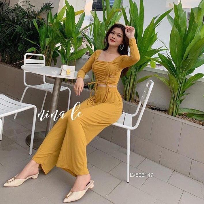 [HCM]set đồ bộ áo hai dây rút kèm quần ống rộng siêu rể thương 764