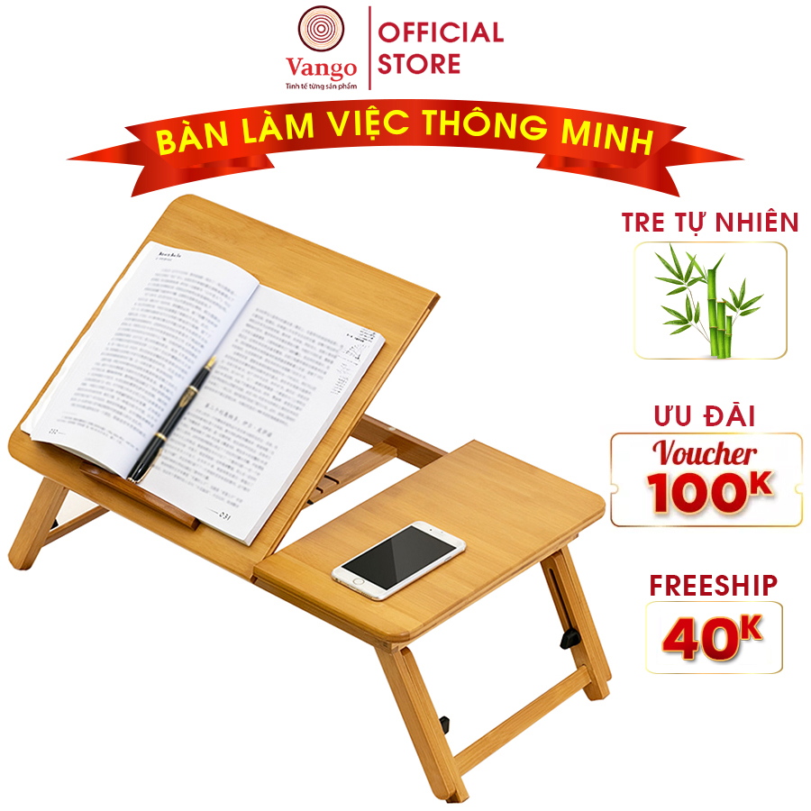 Bàn Làm Việc Gỗ Tre Gấp Gọn Thông Minh Chính Hãng VANGO V1 - Bàn Học Cao Cấp Có Kệ Để Laptop & Sách, Bàn Nằm Giường Có Thể Điều Chỉnh Độ Cao Tiện Lợi