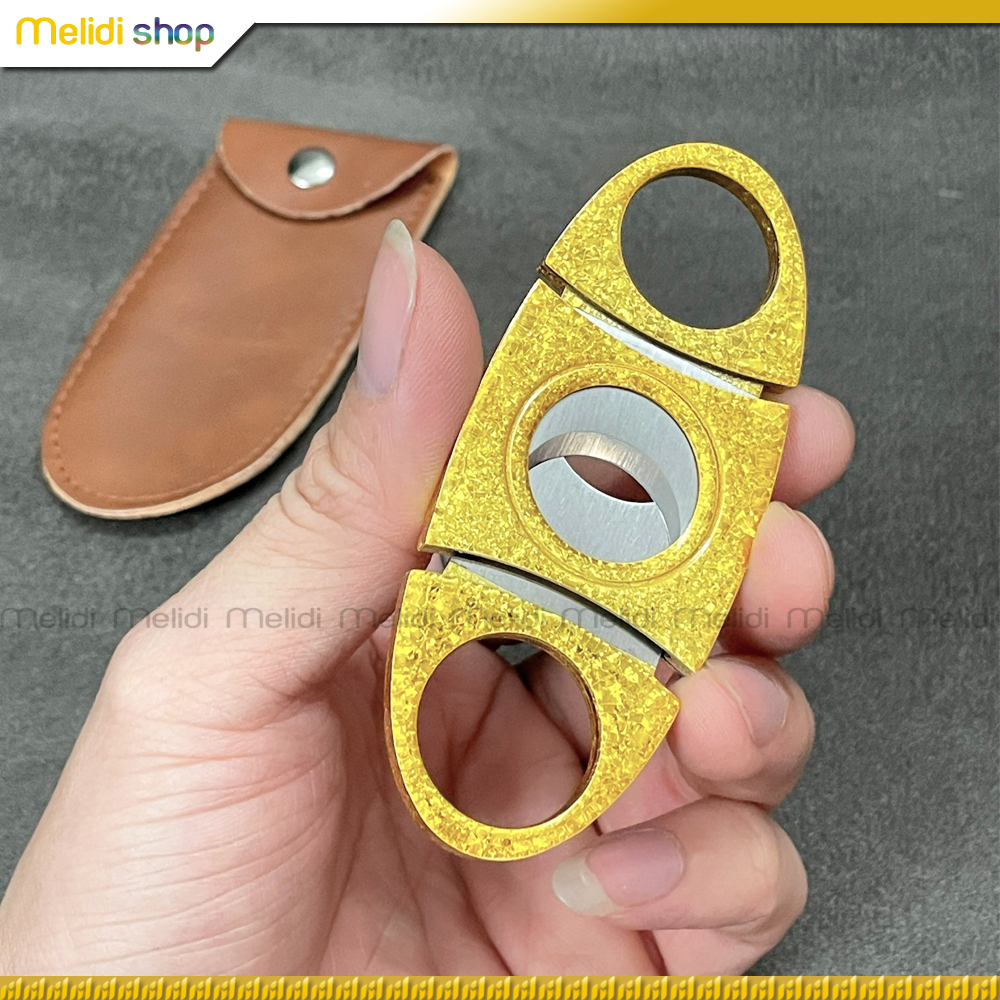 Dao cắt cigar mạ vàng có bao da sang trọng, cắt xì gà nhỏ gọn dễ mang theo, ROVA 8S cutter
