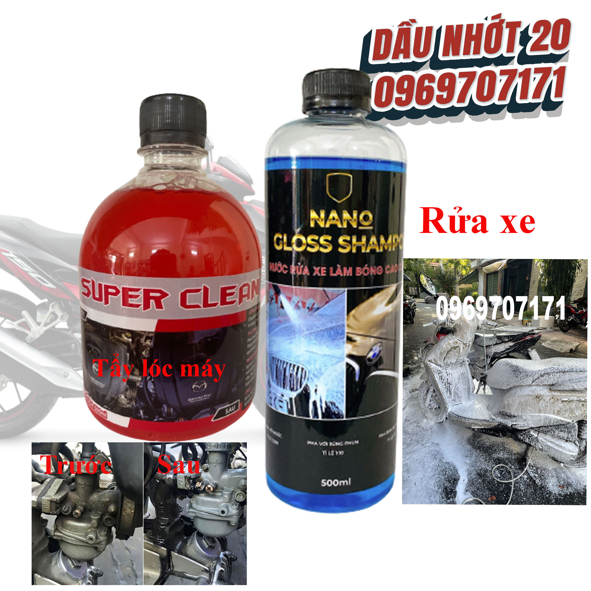 Dung dịch tẩy rửa đầu bò lốc máy không chạm siêu mạnh super clean tẩy rửa ố vàng trên mọi vậy liệu như nhôm.