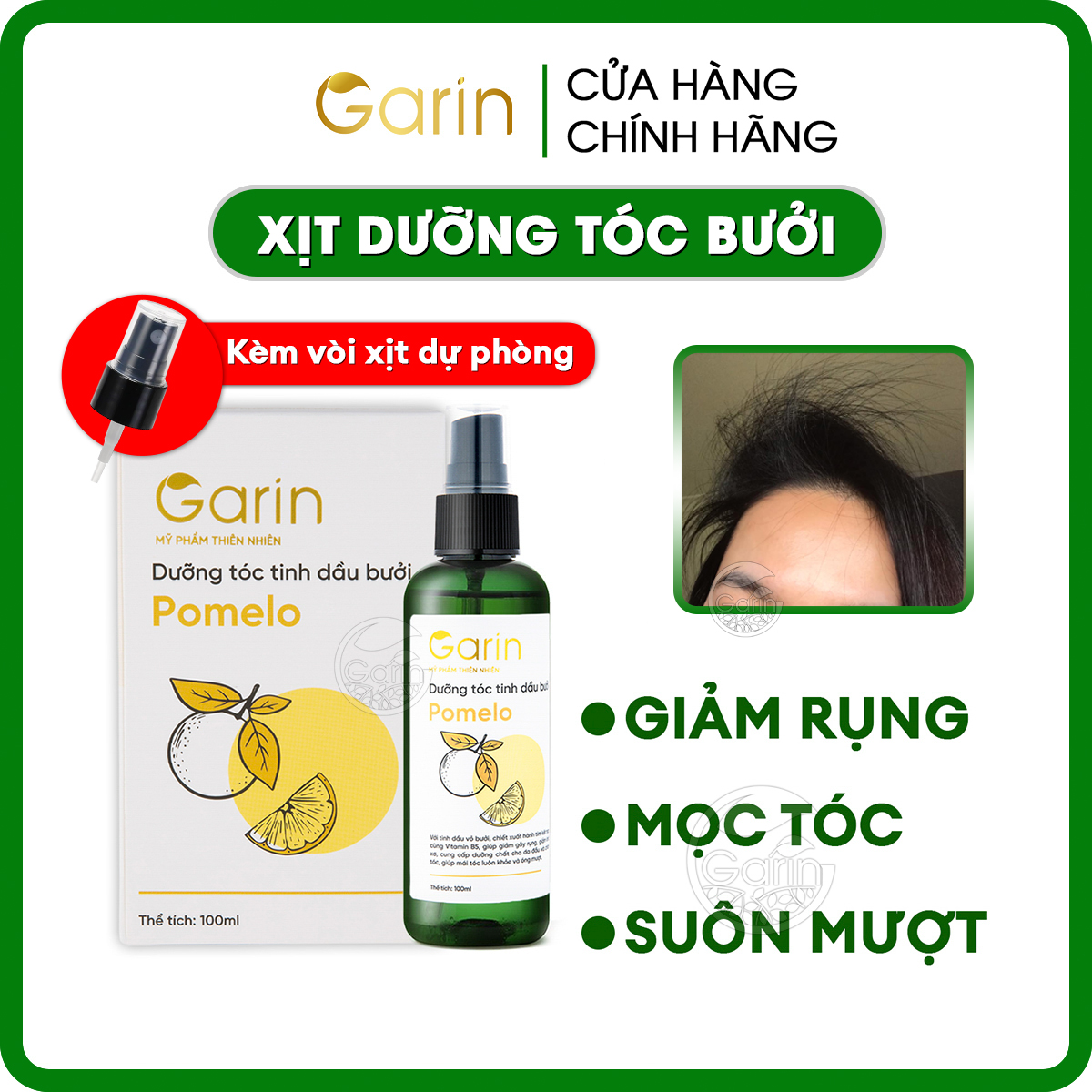 Dưỡng tóc tinh dầu bưởi kích mọc tóc pomelo Garin 100ml giảm rụng tóc rõ rệt, kích mọc tóc nhanh gấp 2 đến 3 lần, xịt dưỡng tóc cho tóc chắc khỏe và suôn mượt