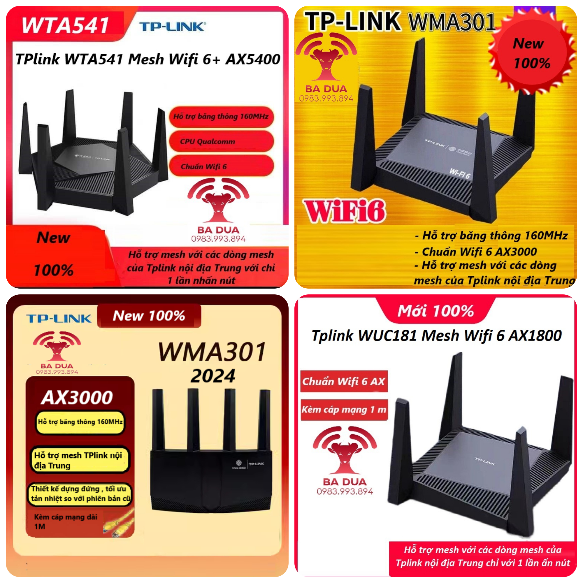 Bộ Phát Wifi Mesh Wifi 6 6+ Dual Wan Tplink TP-Link WTA541 AX5400 , WMA301 AX3000 , WUC181 AX1800