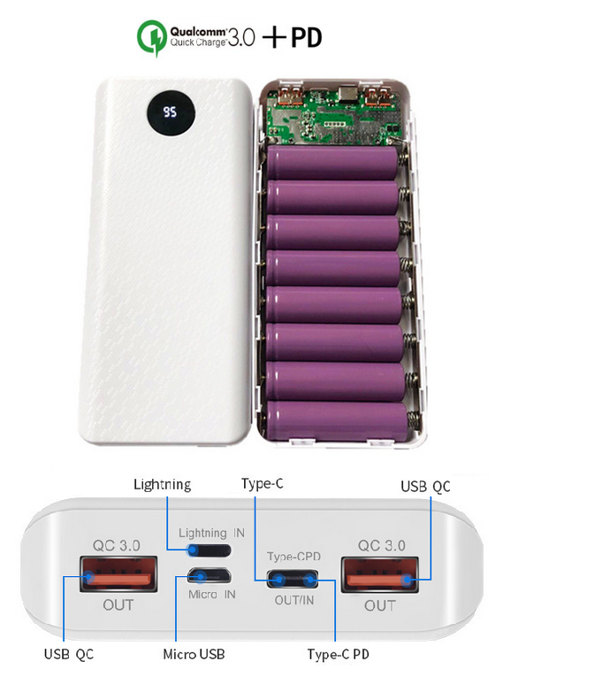 Box sạc nhanh QC3.0 + PD chân cắm type c lightning micro usb 8 cell dùng pin 18650 có LCD hiển thị (Đen, chưa pin)
