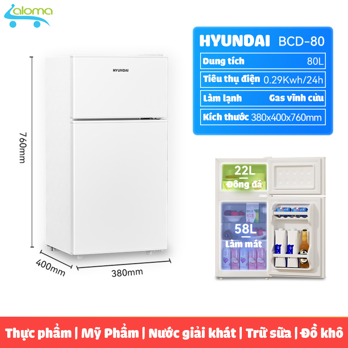  Tủ lạnh 2 ngăn 80 lít Hyundai HD-80L có ngăn đá và ngăn mát đựng thực phẩm - nước giải khát - thịt cá cho phong trọ - chung cư mini - khách sạn 