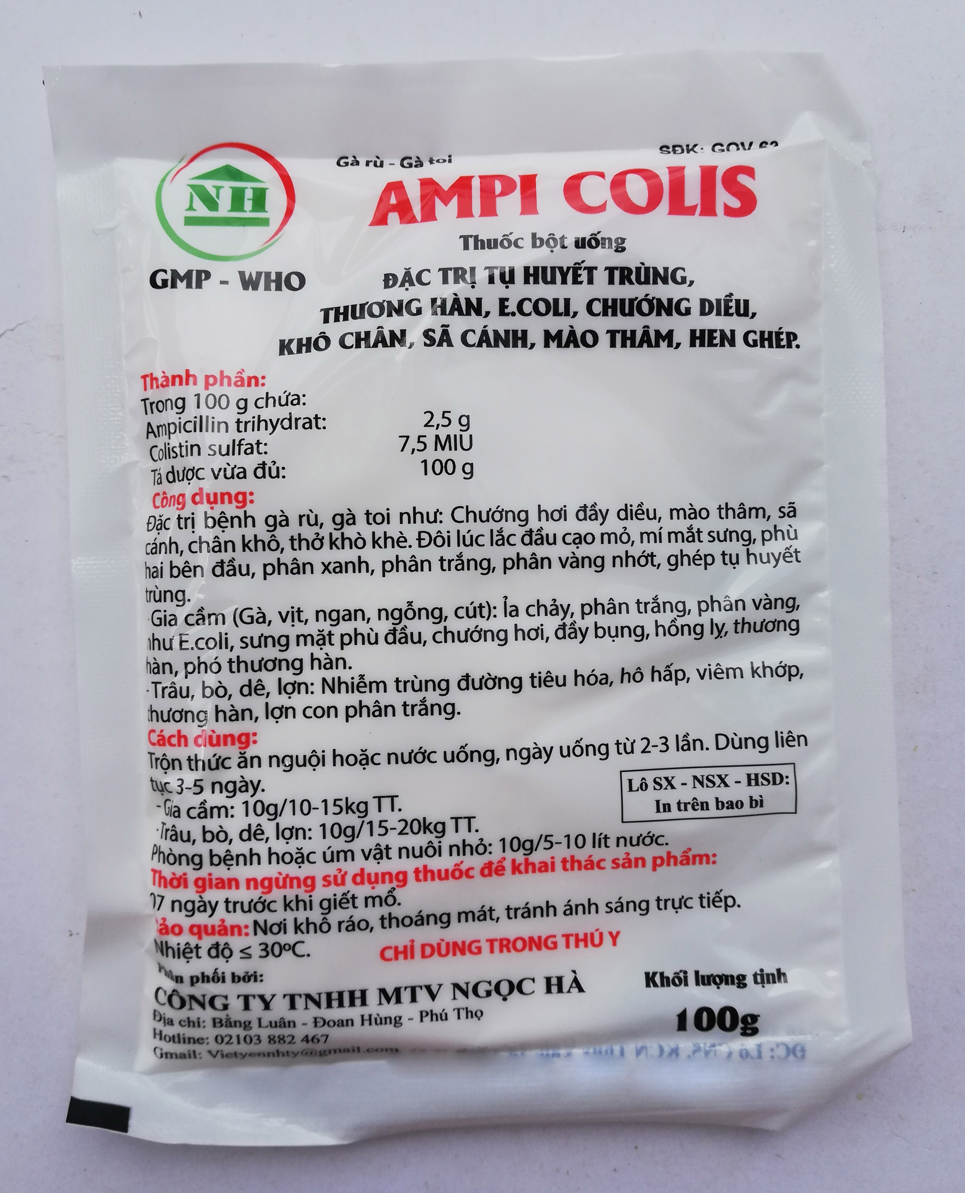 1 gói Ampi Colis 100g Chuyên dùng cho bệnh tụ huyết trùng, thương hàn, e.coli, chướng diều khô chân, sã cánh, mào thâm, hen ghép