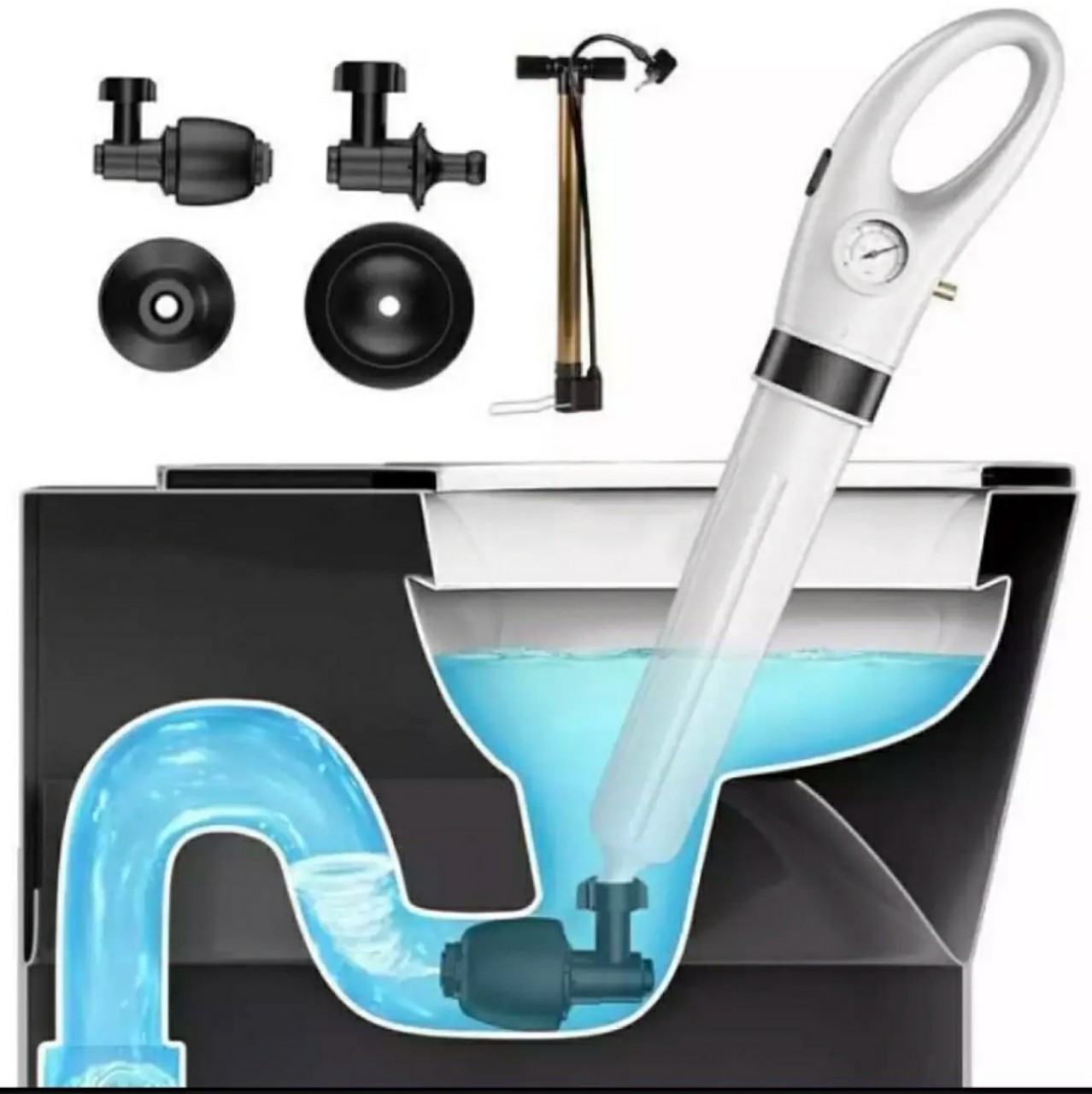 Dụng cụ chuyên dùng thông tắc bồn cầu, ống nước, chậu rửa bằng nén khí cao áp - Bồn cầu bị nghẹt - Máy thông tắc cống nghẹt - Máy thông tắc bồn cầu nghẹt ( Tặng kèm 4 đầu máy với các công dụng khác nhau).