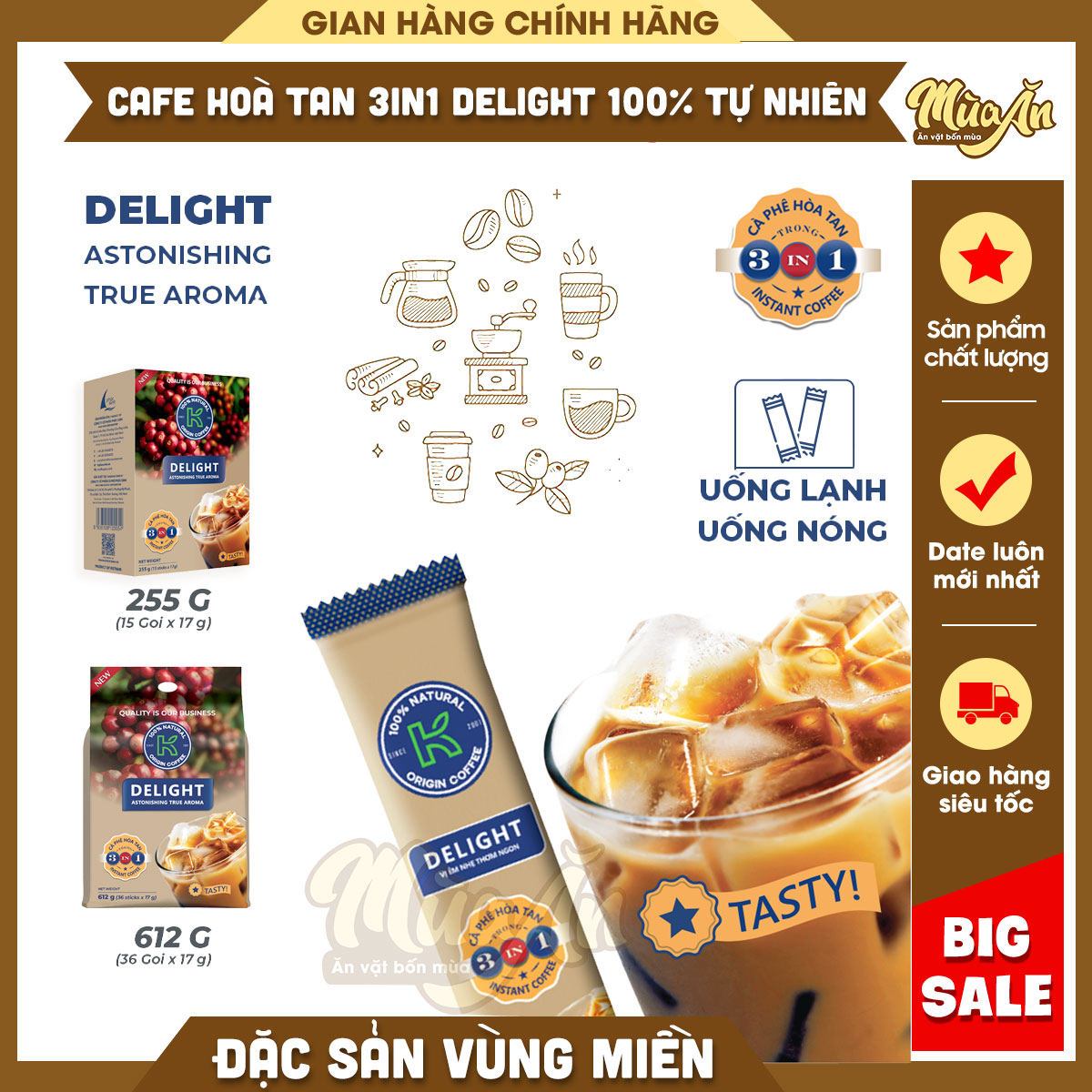 Cà phê hoà tan 3in1 Delight, Cà phê sữa hoà tan gói tiện lợi hương vị truyền thống cà phê Việt Nam, cà phê K Coffee