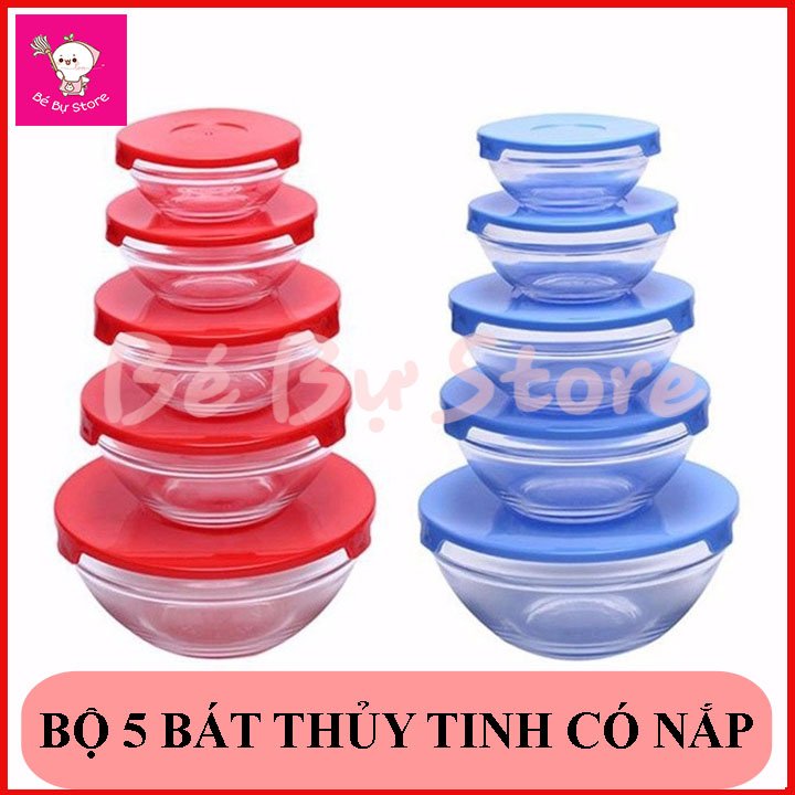 Bộ 5 bát thuỷ tinh đựng thực phẩm có nắp đậy cooking bowl - Bộ 5 Bát Thuỷ Tinh Có Nắp Đựng Thực Phẩm 5 Kích Thước To Nhỏ Khác Nhau Cất Giữ Thức Ăn Mà Không Gây Mùi.