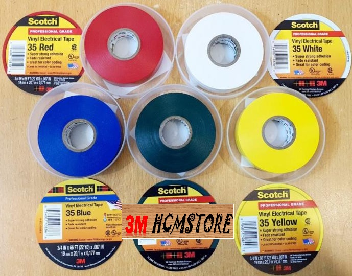 3m super 35 19mm dài 20met băng keo điện 3m scotch băng dính cách điện chống cháy hạ thế 600v và mạch điện gia đình trong nhà