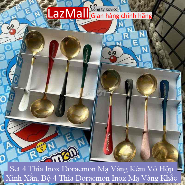 Set 4 thìa inox doraemon mạ vàng kèm vỏ hộp xinh xắn, bộ 4 thìa doraemon inox mạ vàng khắc hình doremon đáng yêu