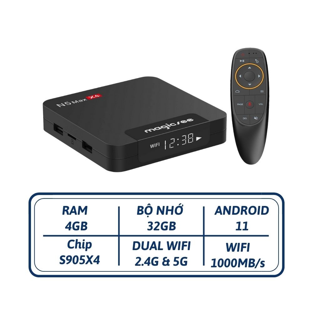 Android tivi box magicsee n5 max - chip s905x4, android 11, ram 4gb, bộ nhớ 32gb, phiên bản 2022