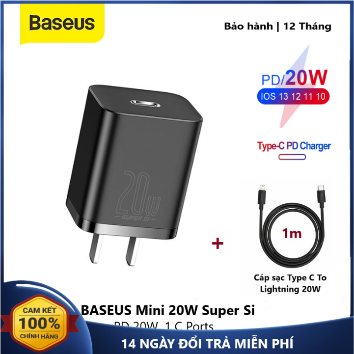 Bộ sạc nhanh iphone 20w baseus type c to lightning super si dây sạc nhanh iphone cáp sạc nhanh iphone type c