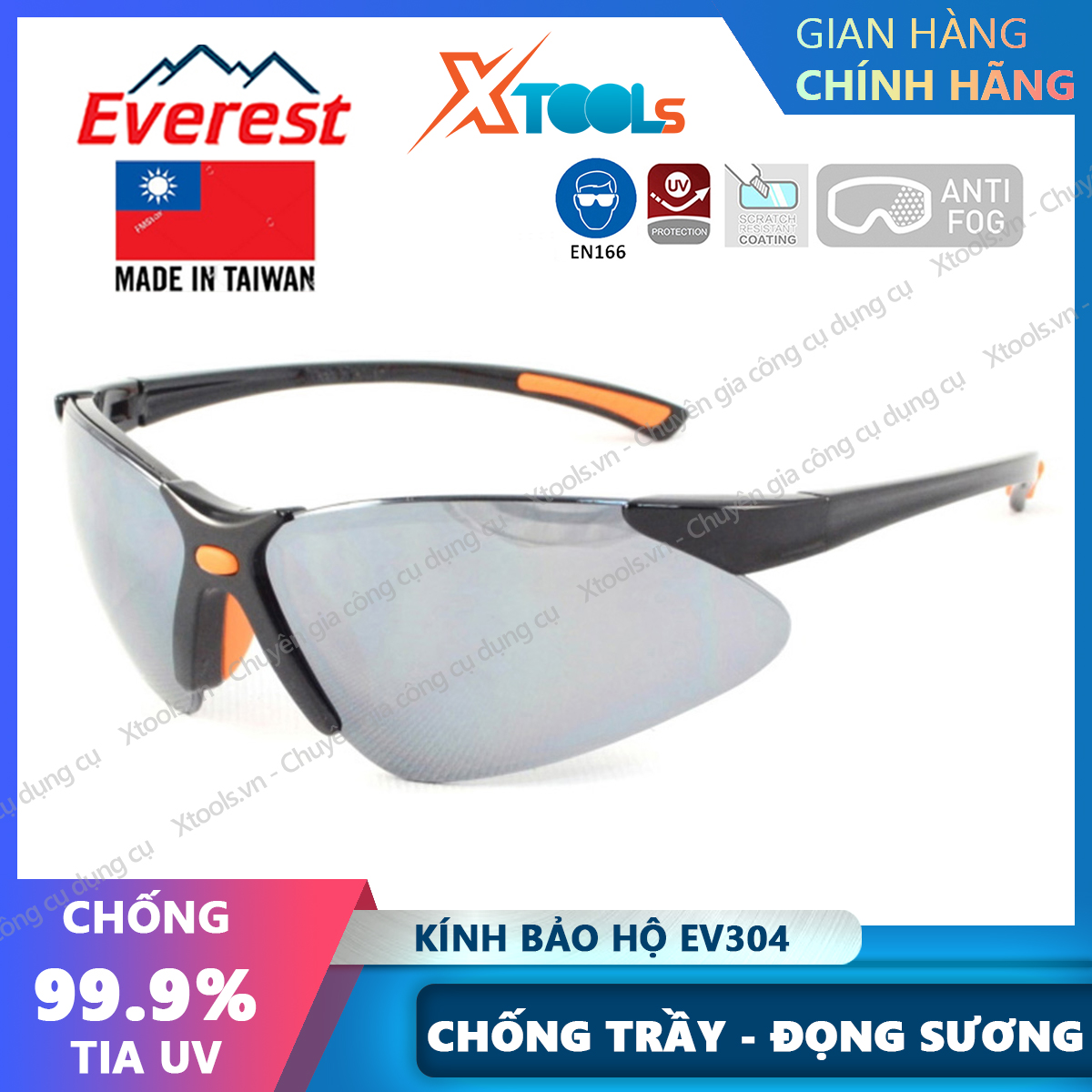 Kính bảo hộ lao động Everest EV304Mắt kính đen tráng bạc chống chói lóa, chống bụi,chống cực tímBảo vệ mắt an toàn