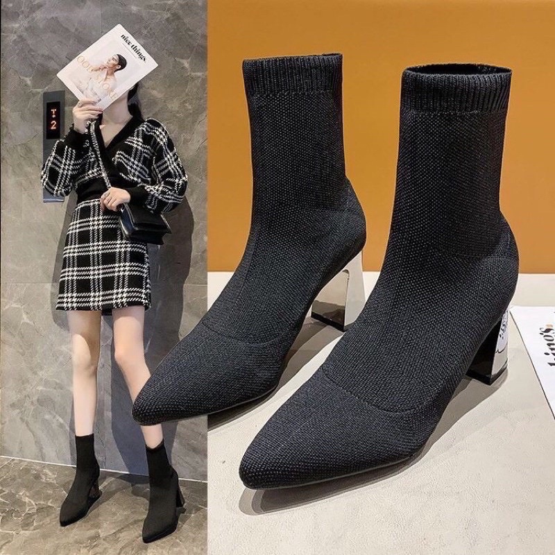 Bốt len mũi nhọn gót tráng gương, đế vuông cao 7 phân siêu ôm cổ chân G41
