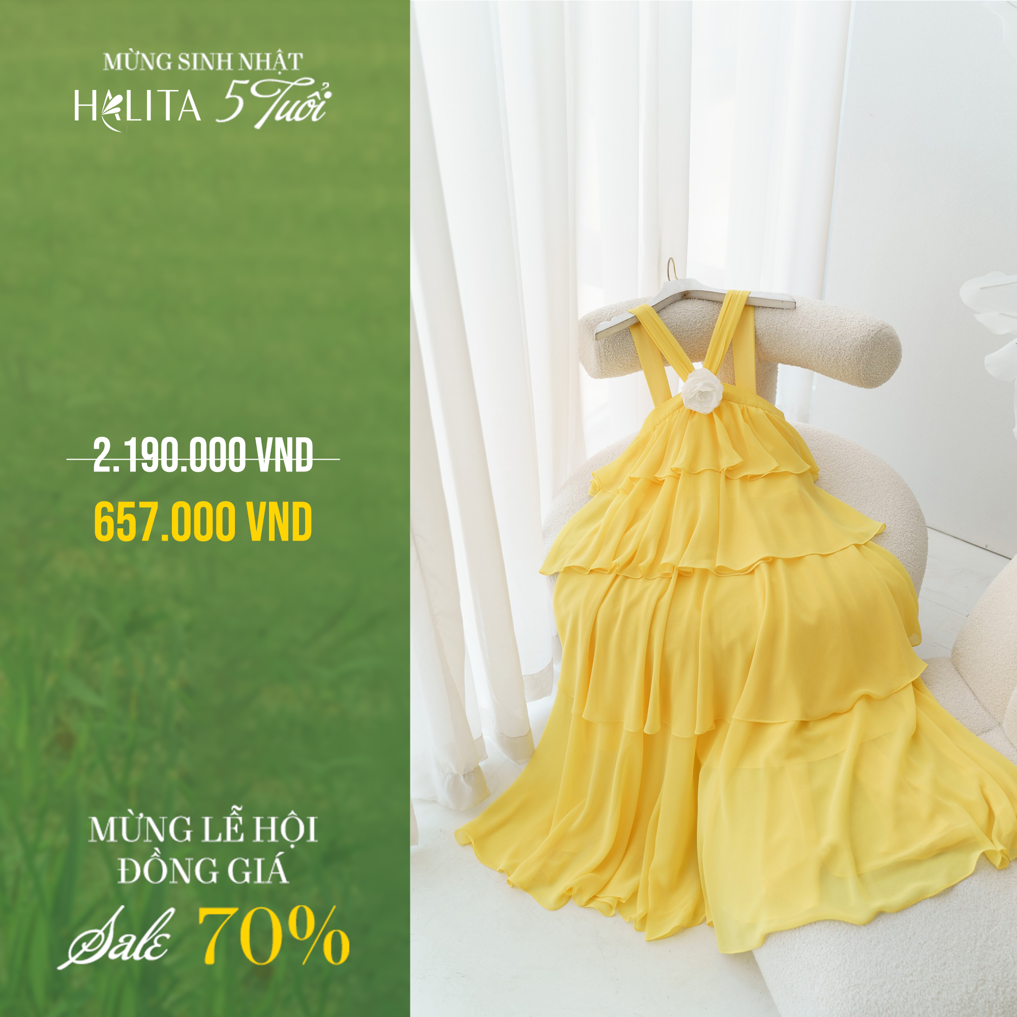 Váy 2 dây Halita Sieta vàng xếp 4 tầng vạt đính hoa 3D chất liệu vải chiffon trơn