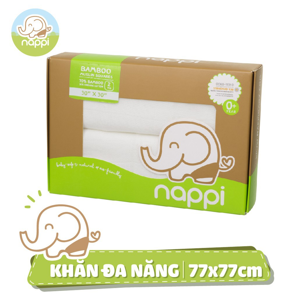 [CHÍNH HÃNG] Khăn sữa sợi tre cao cấp Nappi 2 lớp 100% sợi tre mềm mại, kháng khuẩn KT 77x77cm (Hộp 6 chiếc)