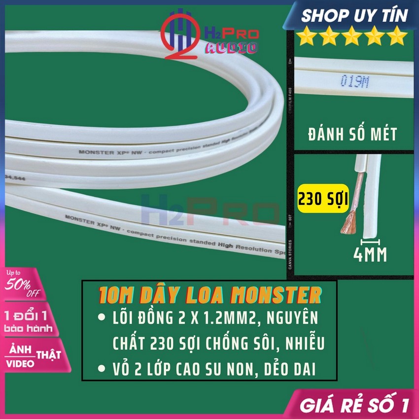  10M Dây Loa Audio Dây Loa Trắng Monster XP Audio Cao Cấp 2 Lõi Đồng Nguyên Chất 1.2mm2 230 Sợi-Chống Nhiễu-H2pro Audio 