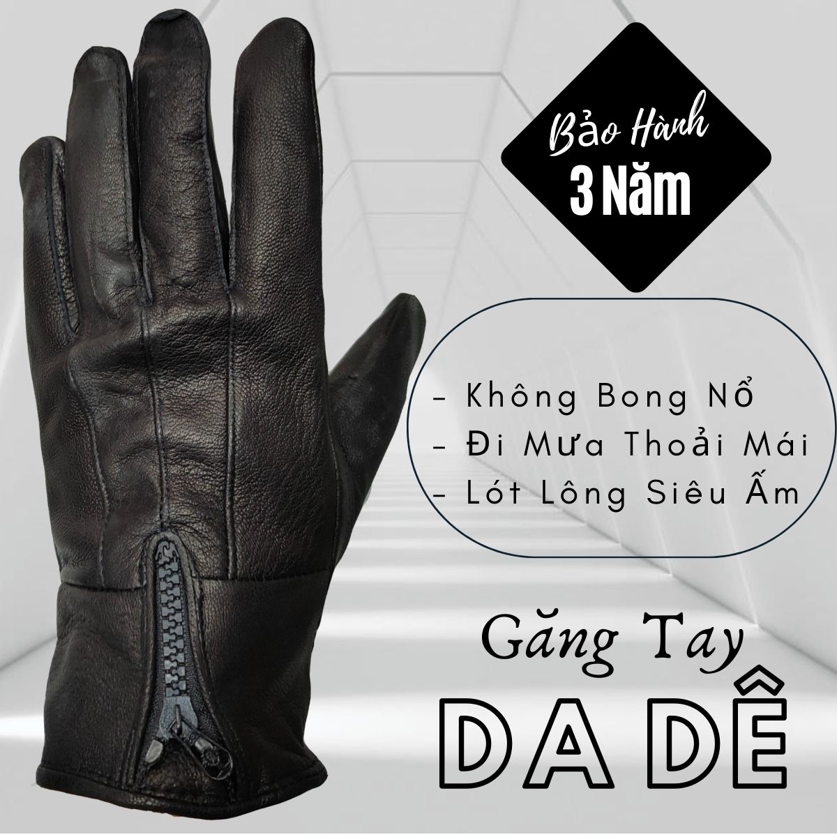 Găng Tay Da Nam Chất Da Dê Kéo Khóa Màu Đen, Đi Mưa Thoải Mái Không Bong Nổ, Không Ngấm Nước, Dễ Lái Xe - Bảo Hành Da Thật 3 Năm