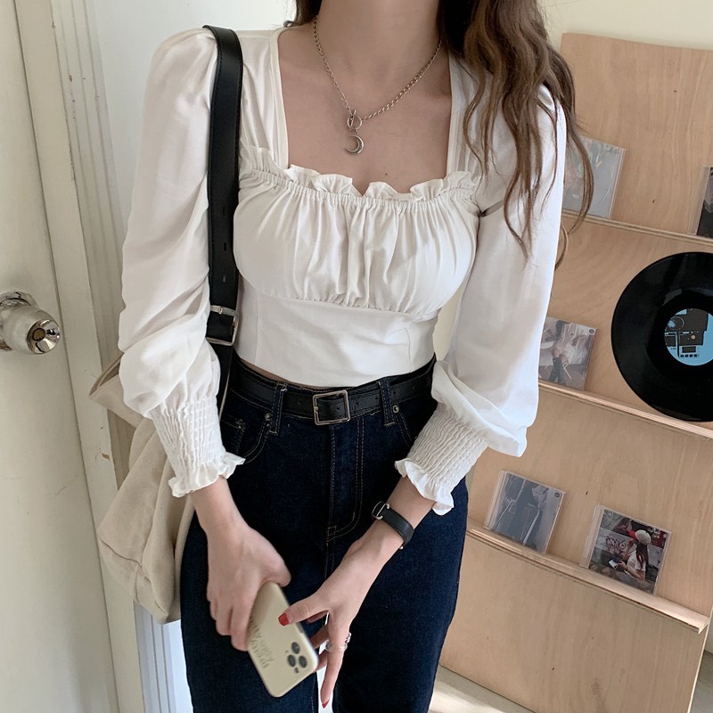 Áo Croptop Cổ Vuông Tay Dài Nhún Ngực Viền Bèo Nơ Sau Cổ A5275