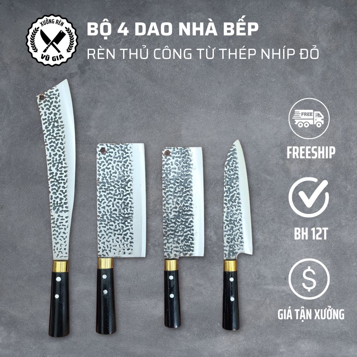 Dao bếp, bộ 4 dao nhà bếp thép nhíp ô tô lưỡi dập vân chống dính 2 mặt