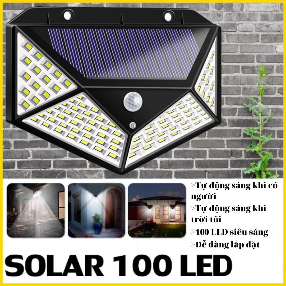 Đèn Năng Lượng Mặt Trời 100 LED - Cảm Ứng Chuyển Động 4 Mặt Tự Động Sáng Khi Có Người Đến, Chống Nước & Chống Bụi, 3 Chế Độ Làm Việc Cho Cửa Trước, Nhà Để Xe, Sân Trong [BẢO HÀNH 6 THÁNG]