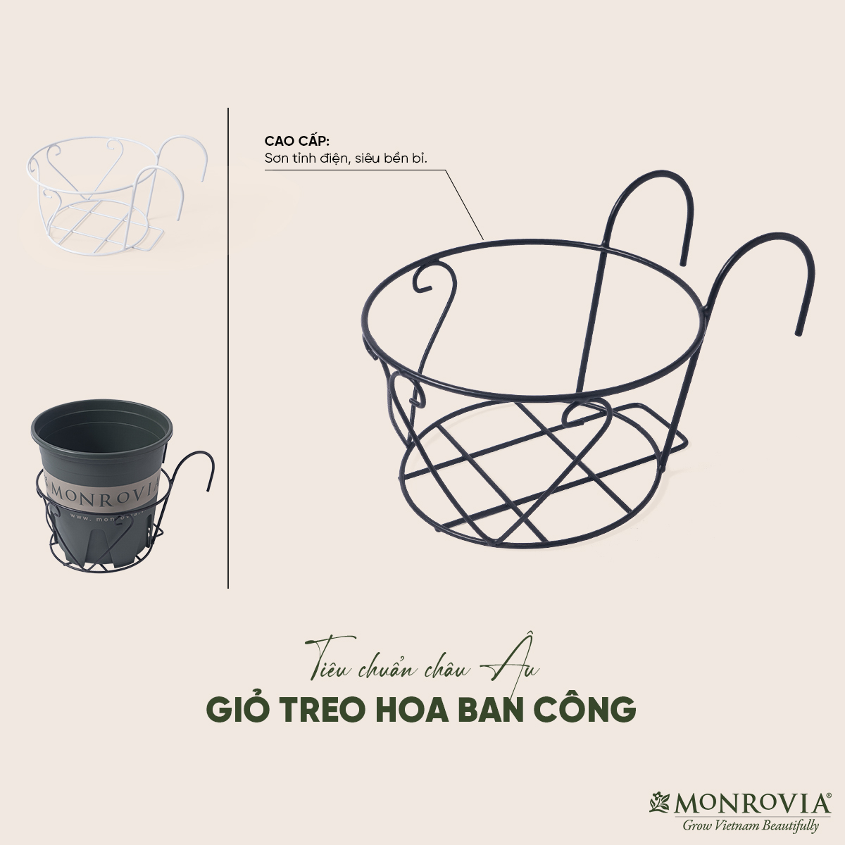Giỏ treo chậu hoa ban công MONROVIA, giỏ sắt treo chậu hoa ban công, chậu treo ban công, kệ treo ban công, móc treo, khung thép, sơn tĩnh điện chính hãng thương hiệu MONROVIA