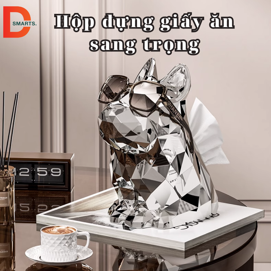 Hộp đựng khăn giấy hình chó Bull mạ kim loại sang trọng, Hộp đựng khăn giấy để bàn sáng tạo trang trí phòng khách