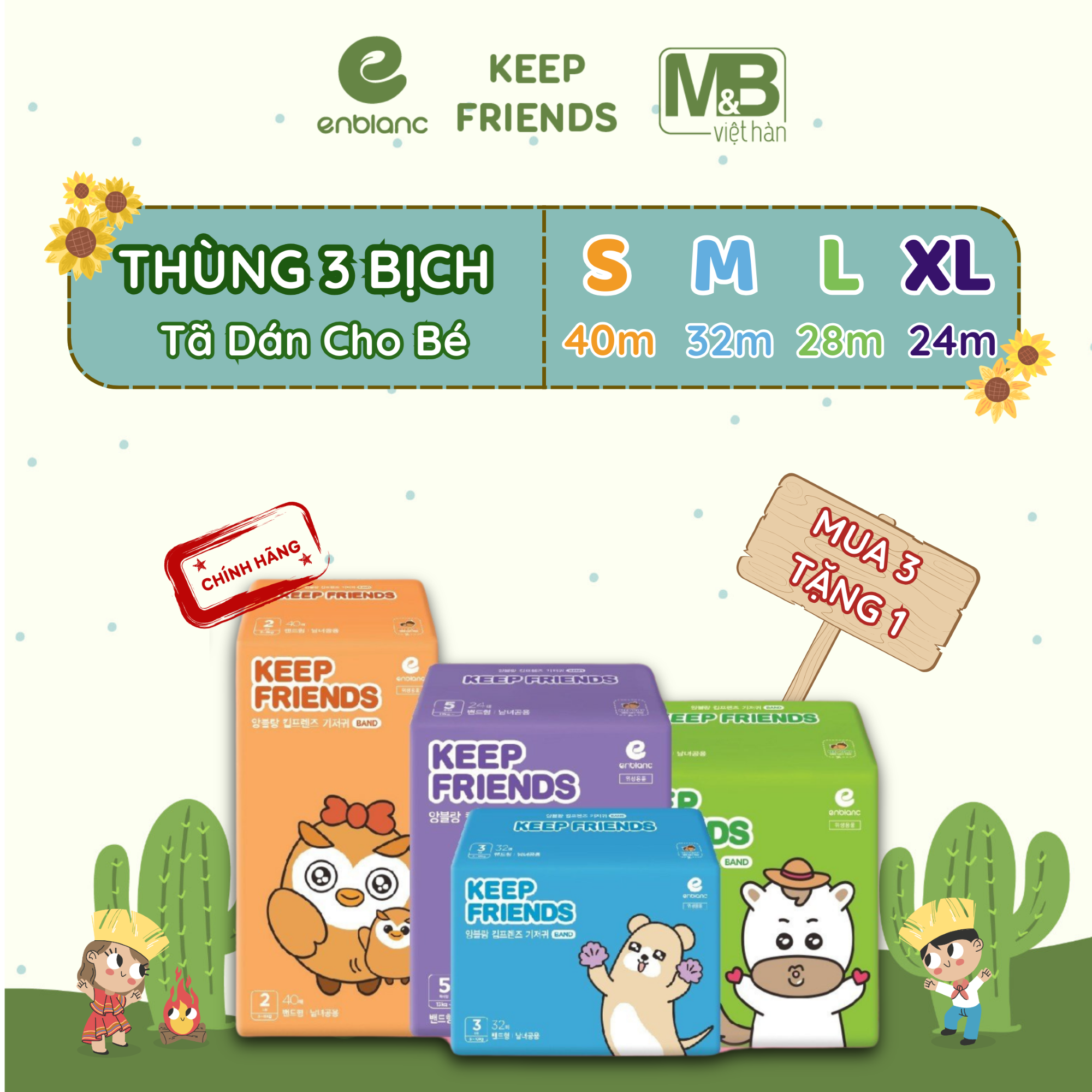 Thùng 3 bịch tã bỉm dán hàn quốc enblanc keep friends cho bé size s40, m32, l28, xl24 thấm hút nhanh, mỏng nhẹ