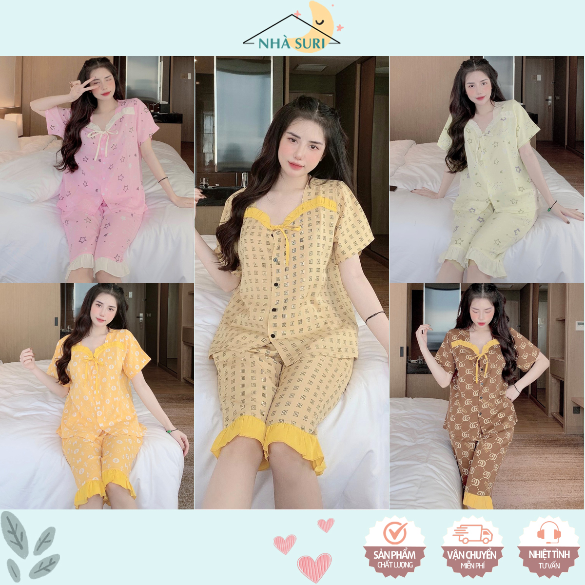 Đồ bộ lửng mặc nhà cổ nhún thắt nơ dễ thương nhà Suri
