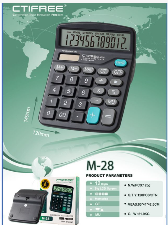 Máy tính cầm tay 12 số dùng pin và năng lượng model m28
