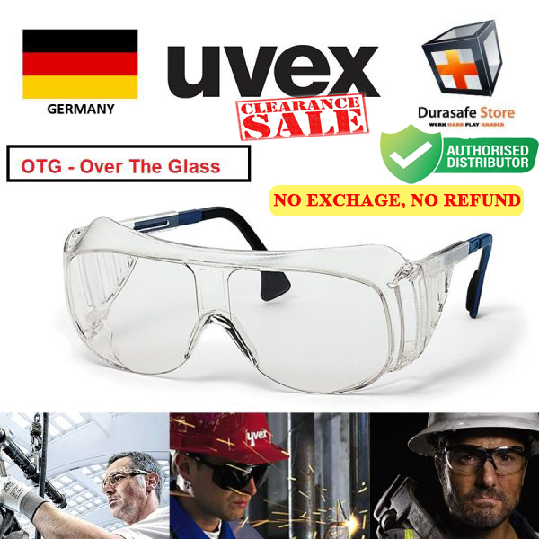Kính UVEX 9161005 Over-the-Glass (OTG) Safety Glasses Blue Frame Clear Optidur NCH Len (Gọng Xanh, Tròng Clear) có thể đeo ngoài kính cận