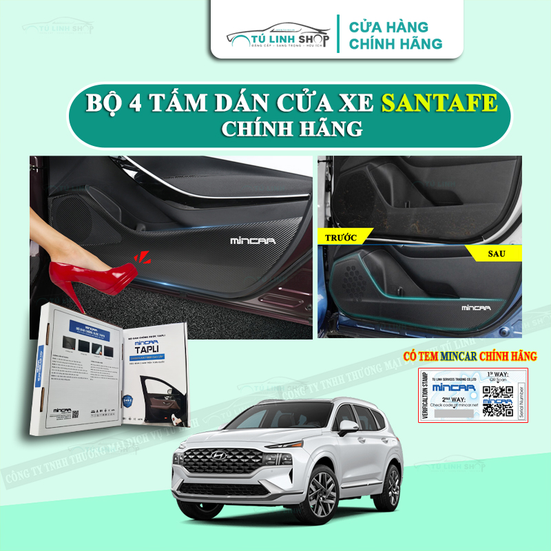 Bộ 4 Tấm dán Tapli xe SANTAFE chính hãng MINCAR, chống xước tapi cửa ô tô bằng Carbon Air Fiber cao cấp