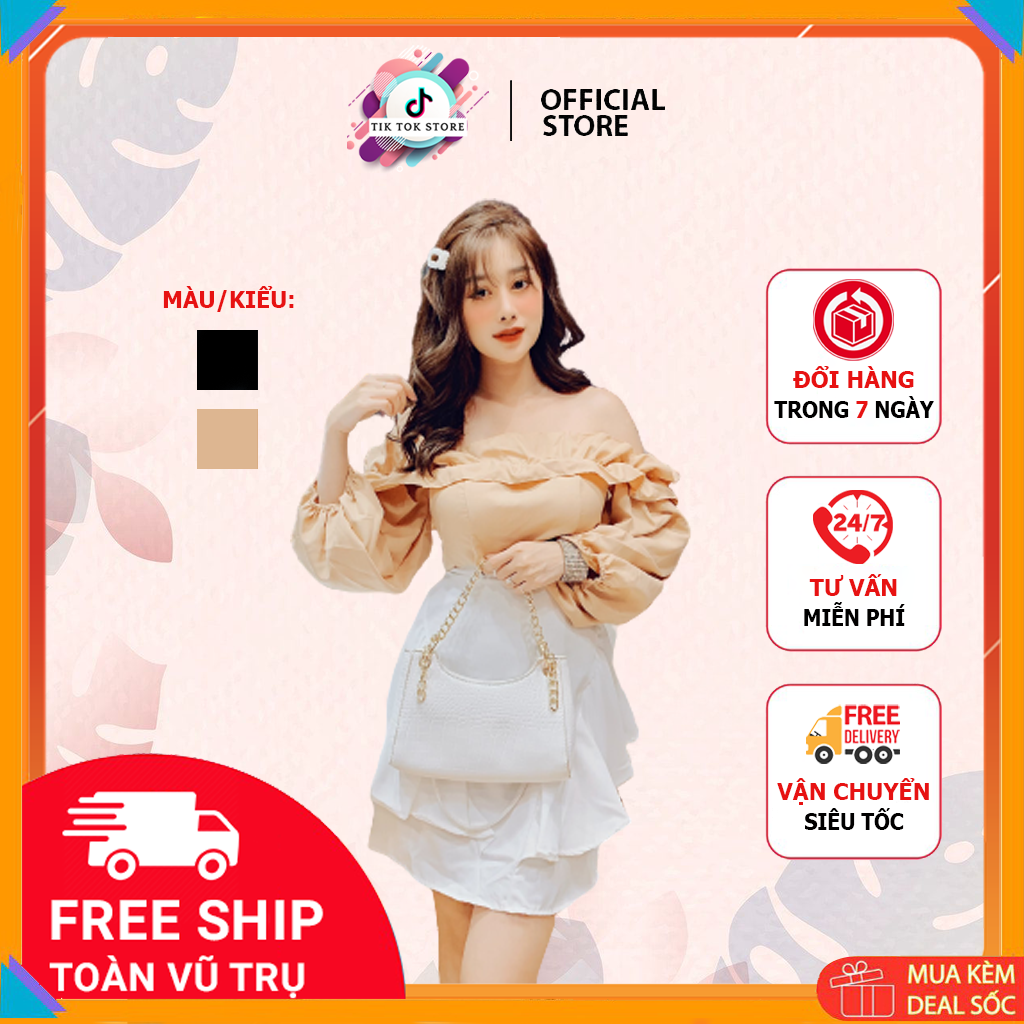 Áo trễ vai và chân váy trắng, set đồ nữ cá tính TIK TOK STORE