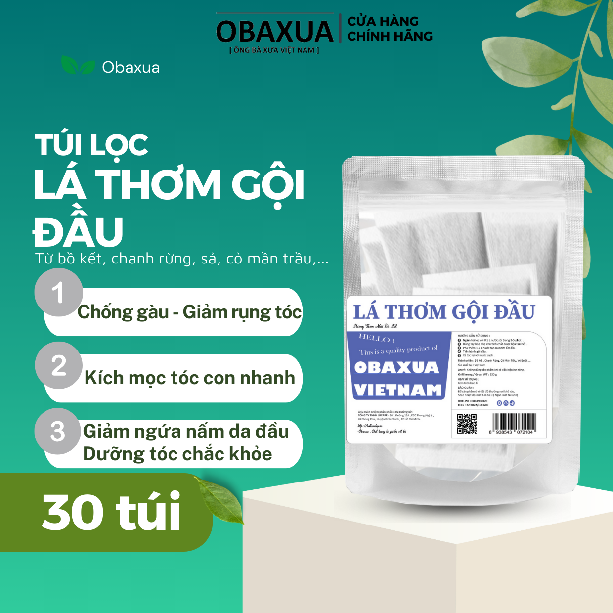 Lá Thơm Gội đầu thảo dược túi lọc OBAXUA - Dầu Gội Thảo Mộc giúp giảm gãy rụng , tóc suông mượt và làm mềm tóc - Thành phần từ Bồ kết chanh chanh rừng, sả, cỏ mần trầu