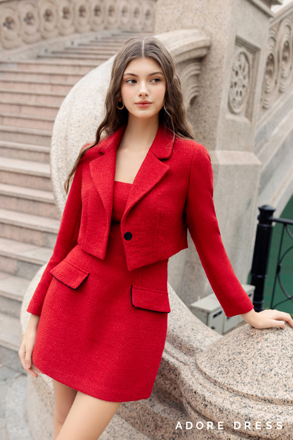 Áo khoác tweed đỏ đô dáng crop 312tw1077 adoredress