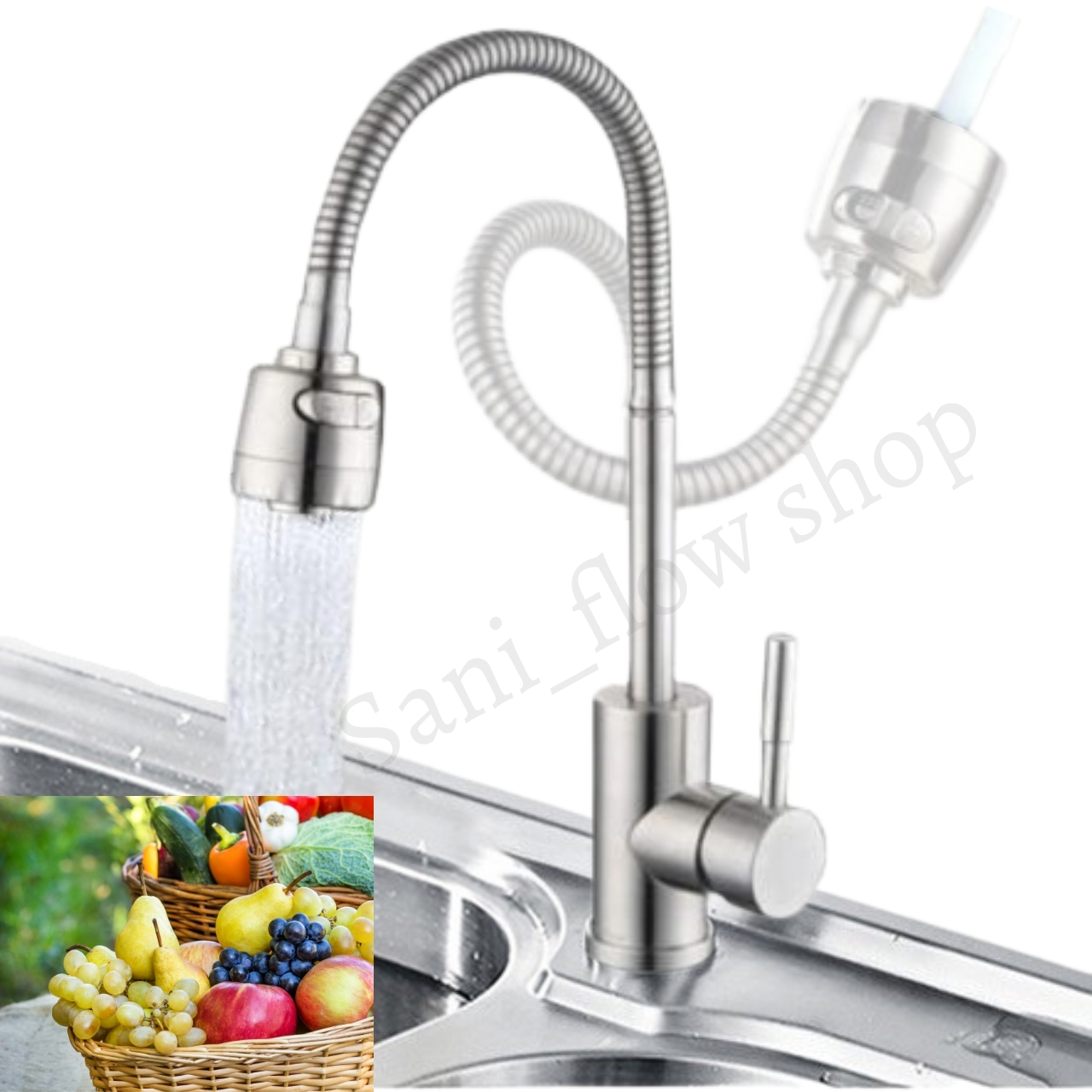 Vòi chậu rửa chén bát lạnh inox 304 thân bẻ lò xo dẻo, 2 chế độ nước, đầu vòi tăng áp