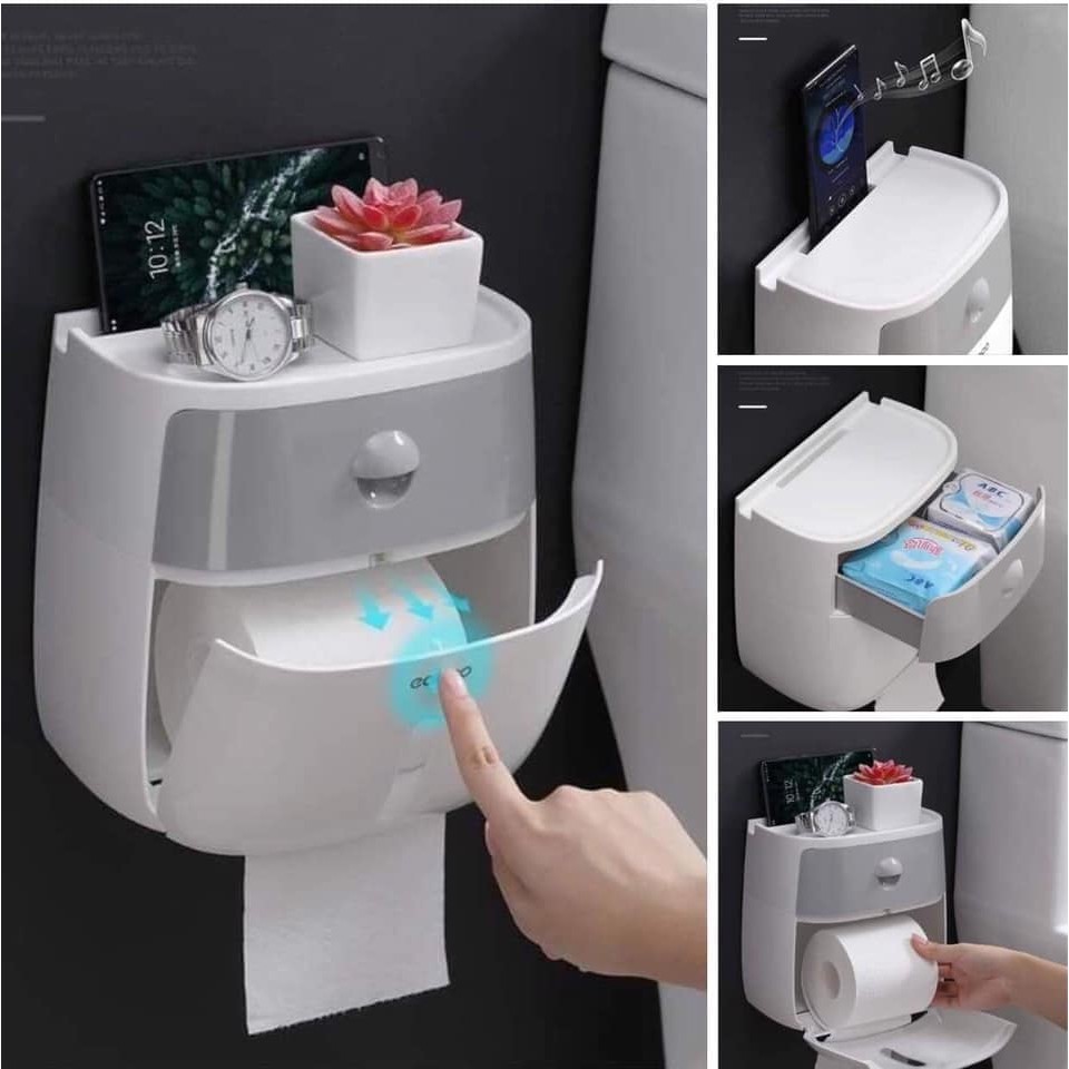 Hộp đựng Giấy Vệ Sinh ECOCO Cao Cấp 2 Tầng – Chống Nước , Đóng Mở Tự Động -Đa Năng, Sang Trọng, Tiện Ích – Có Ngăn Kéo Kèm Miếng Dán Cường Lực Tiện Dụng