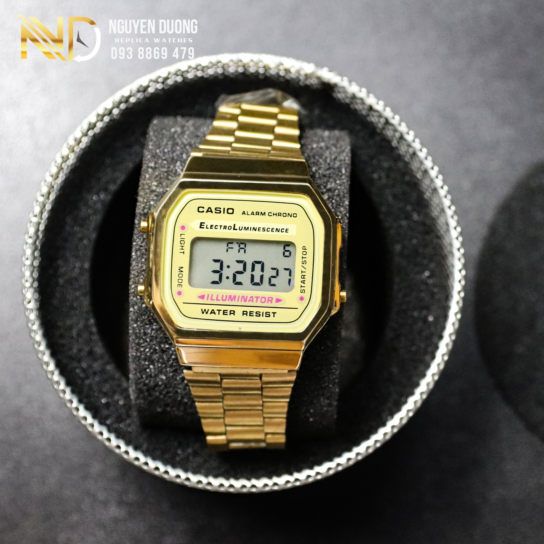 Đồng hồ casio A168 điện tử màu vàng đồng có đèn hỗ trợ xem ban đêm