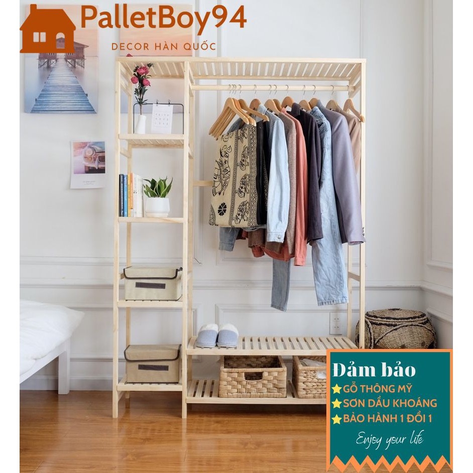 KỆ TREO QUẦN ÁO 2 BUỒNG 2 VỈ GỖ THÔNG MỸ, KỆ TỦ 2 BUỒNG - PalletBoy94