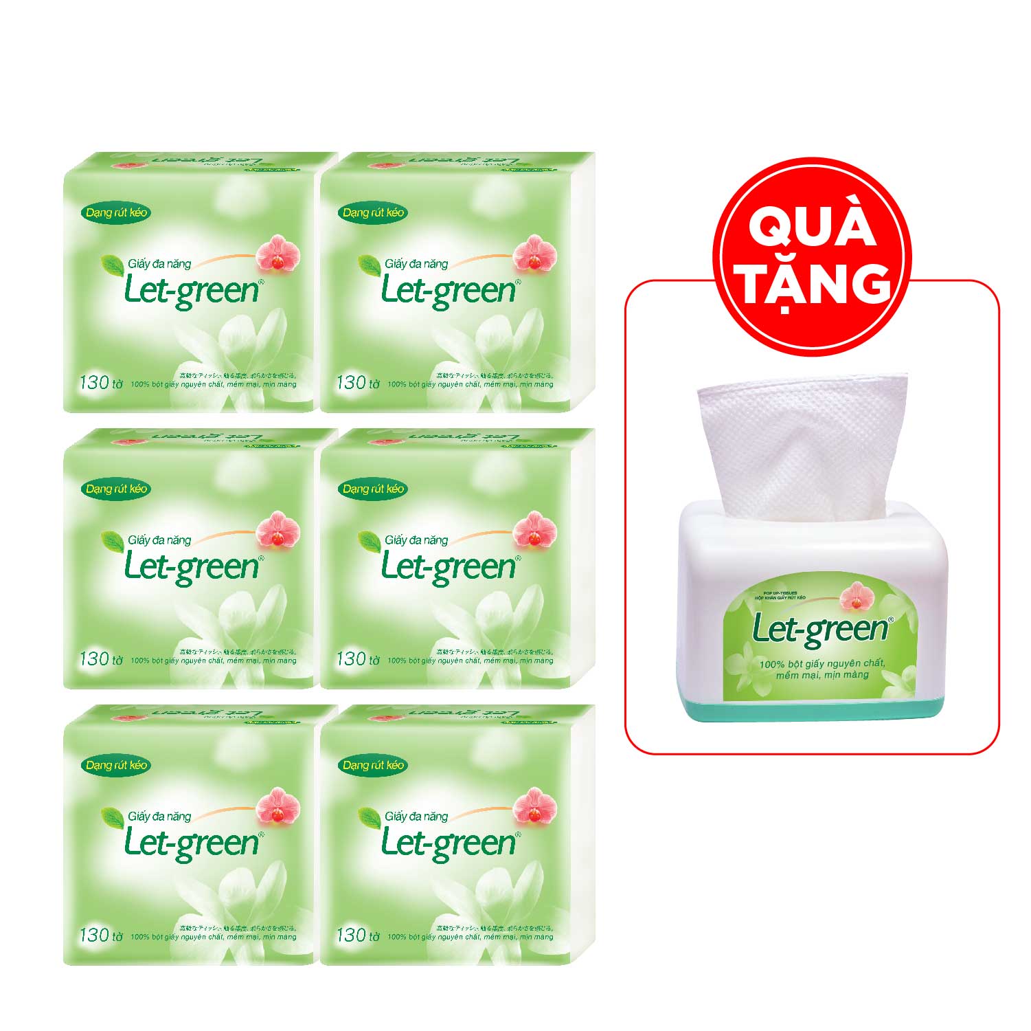 Combo 6 gói Khăn giấy rút Let-green 2 lớp gói 130 tờ - tặng hộp đựng giấy