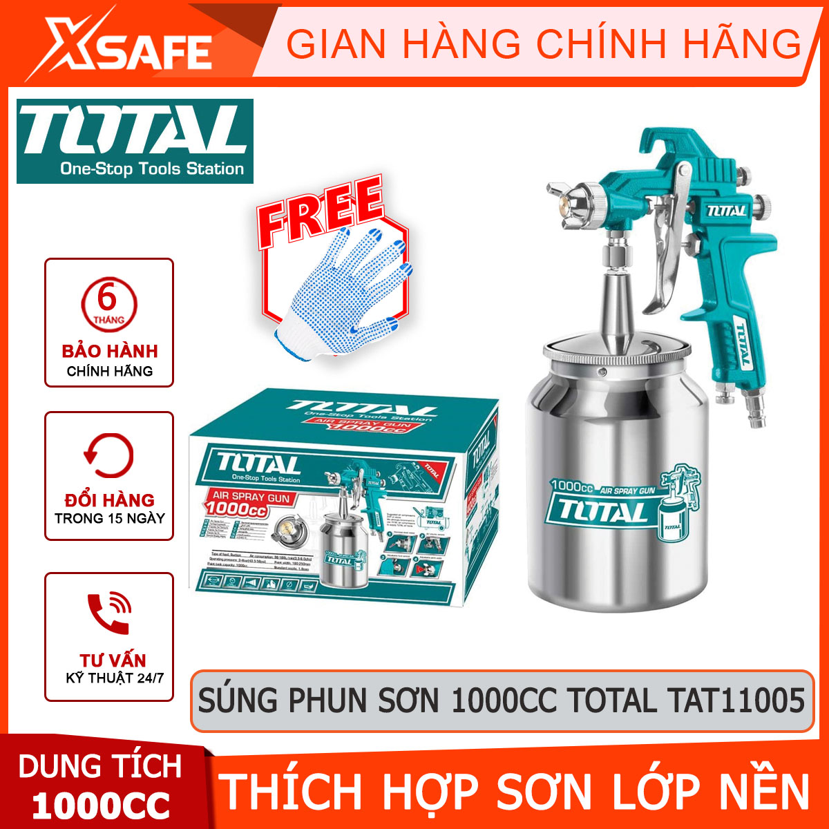 Súng phun sơn Total TAT11005 Máy phun sơn cầm tay Đầu vòi 1.5mm Áp lực: 3-4bar Mức tiêu thụ 4.2-7.1cfm Bề rộng lớp sơn 140-180mm Dung tích bình 1000c Hỗ trợ sơn gỗ, sơn ô tô, nội thất, xe máy giúp lớp sơn sáng bóng, mịn