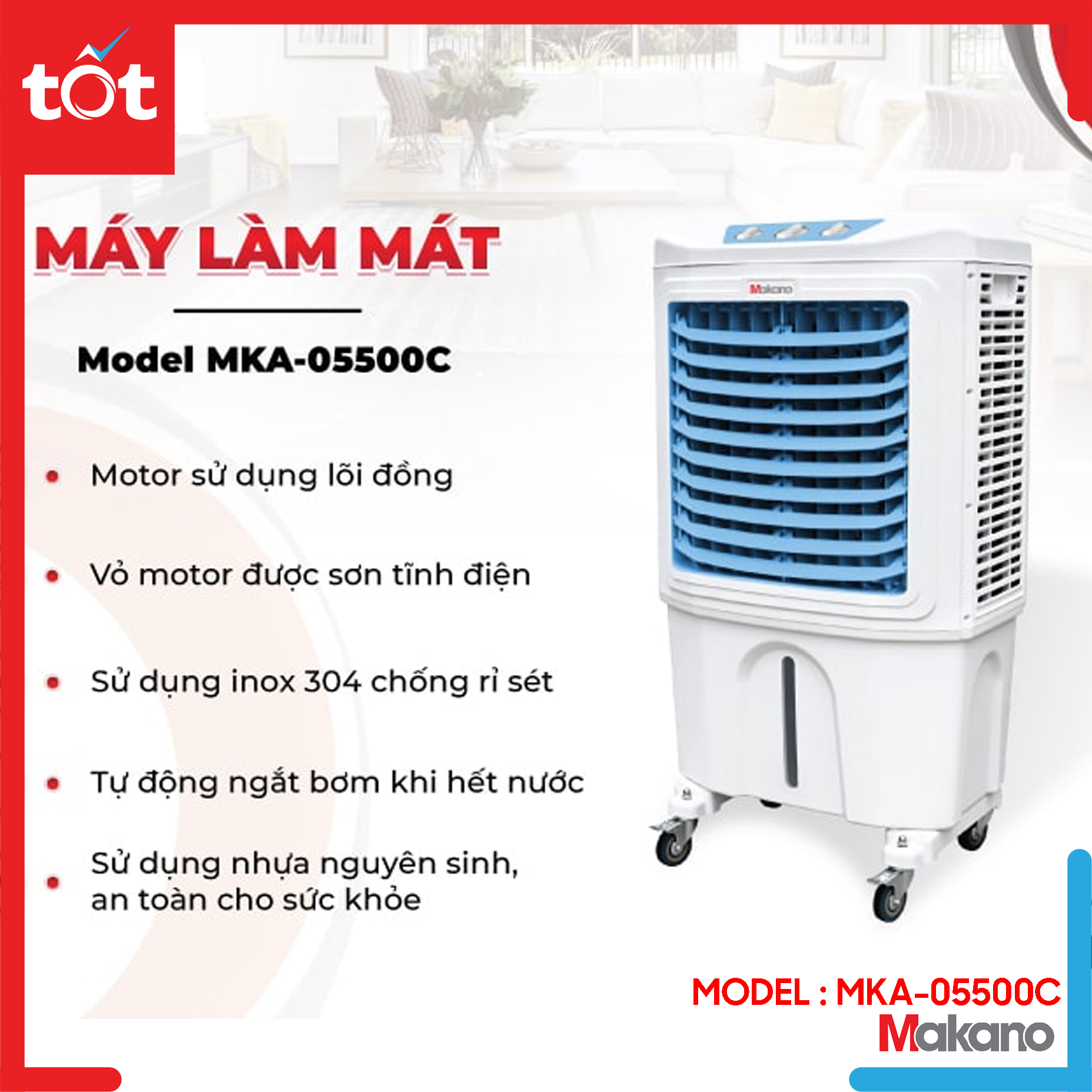 Quạt điều hoà Makano MKA-05500C, miệng gió được thiết kế tối ưu cho hiệu quả làm mát tối đa, lưu lượng gió đạt 5.500m3/h