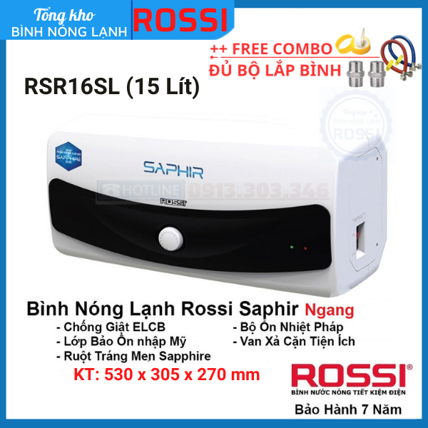 Bình nóng lạnh gián tiếp Rossi Saphir ngang RS16SL (15 Lít)-bảo hành 7 năm, hàng chính hãng Tân Á Đại Thành