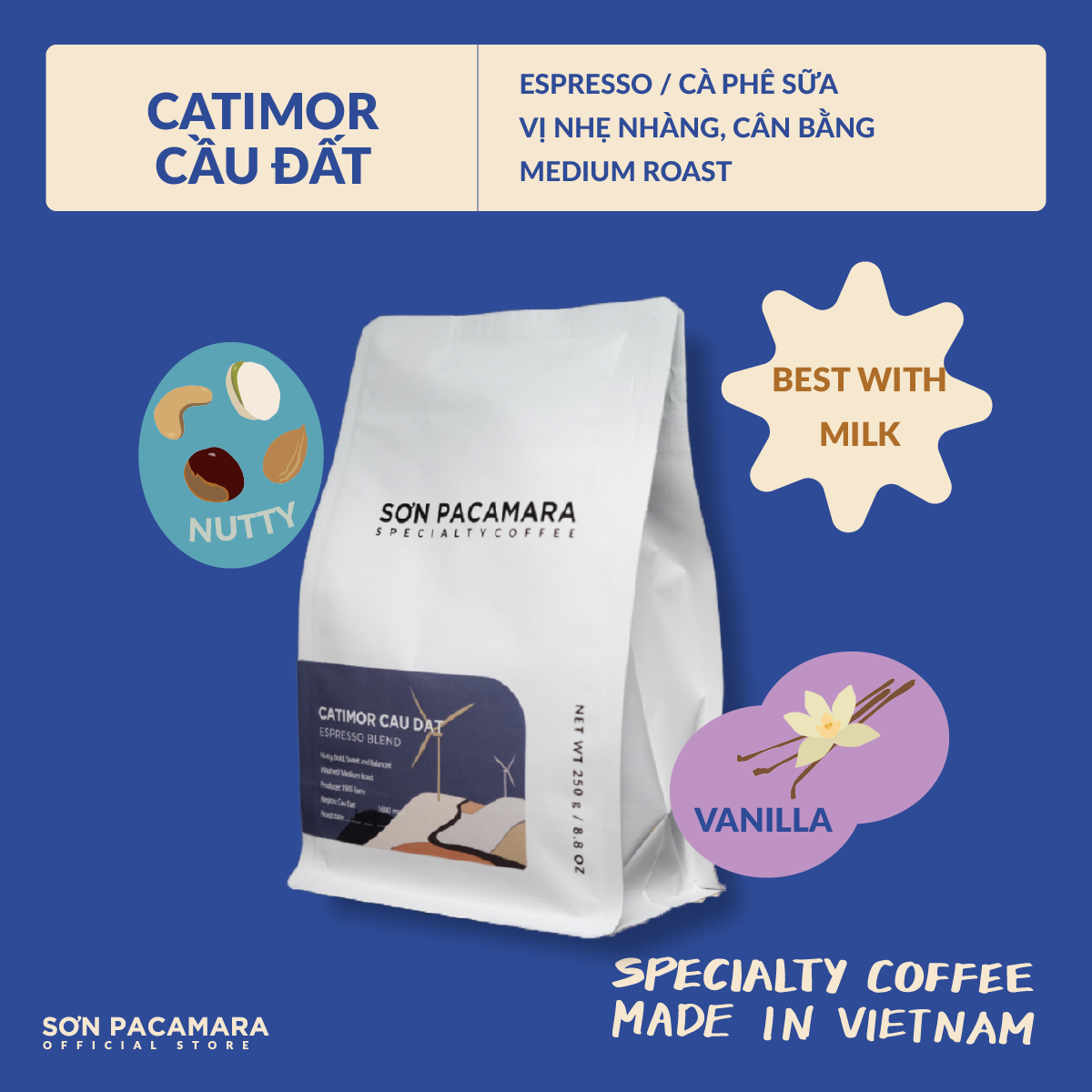 Cà Phê Pha Máy Sơn Pacamara Catimor Cầu Đất, 100% Arabica, Rang Vừa, Gói 250gr/ 500gr