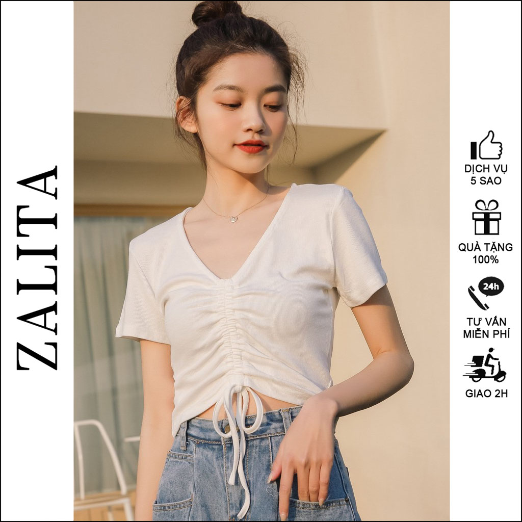 Áo Croptop Nữ Tay Ngắn Thấm Hút Mồ Hôi Áo Nữ Len Tăm Rút Ngực ZALITA A036